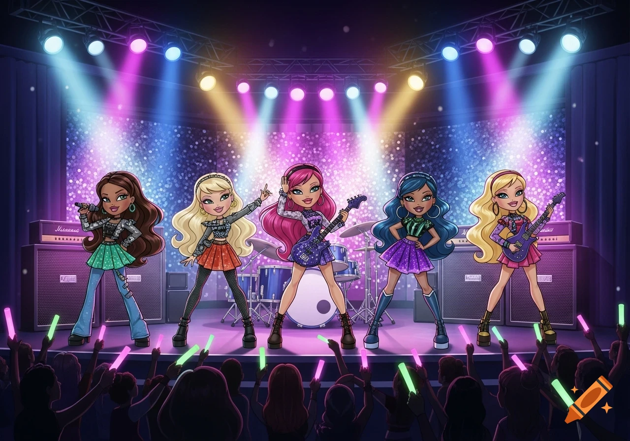 Five stylized Bratz-like dolls perform as a rock band on a vibrant stage with an audience holding glow sticks.