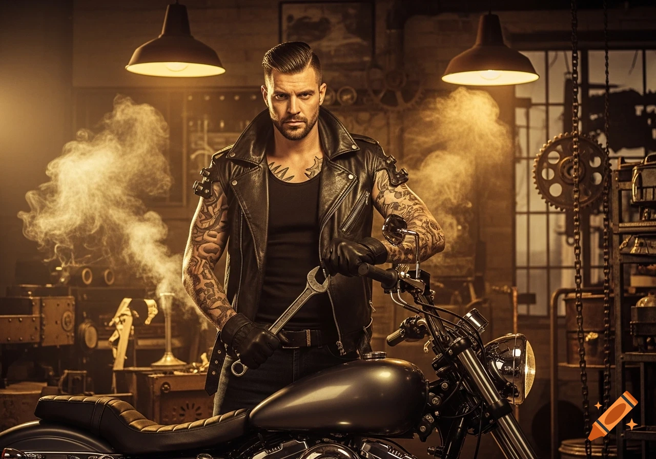 Photorealistic portrait of a tattooed mechanic in a leather vest, holding a wrench, leaning on a motorcycle in a smoky workshop.