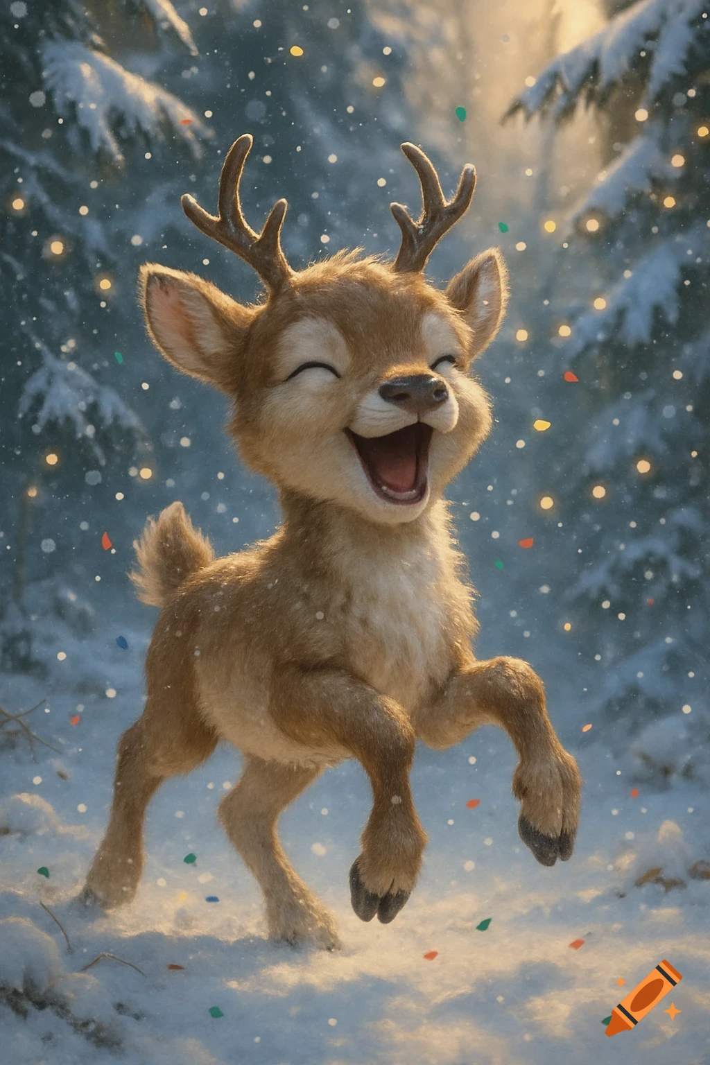 A joyful baby reindeer leaps in a snowy forest with falling confetti and sparkling lights, soft sunlight, photorealistic style.