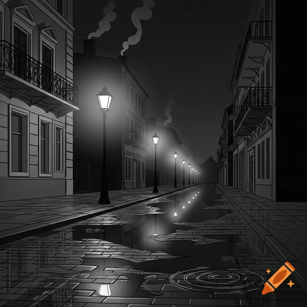 Black and white drawing of a deserted city street at night after rain, with glowing lampposts reflected in puddles.