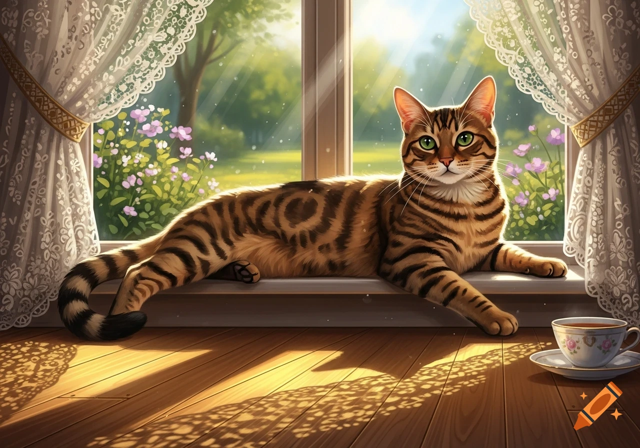 A striped cat with green eyes rests on a sunlit window sill, with lace curtains, a garden view, and a teacup nearby.