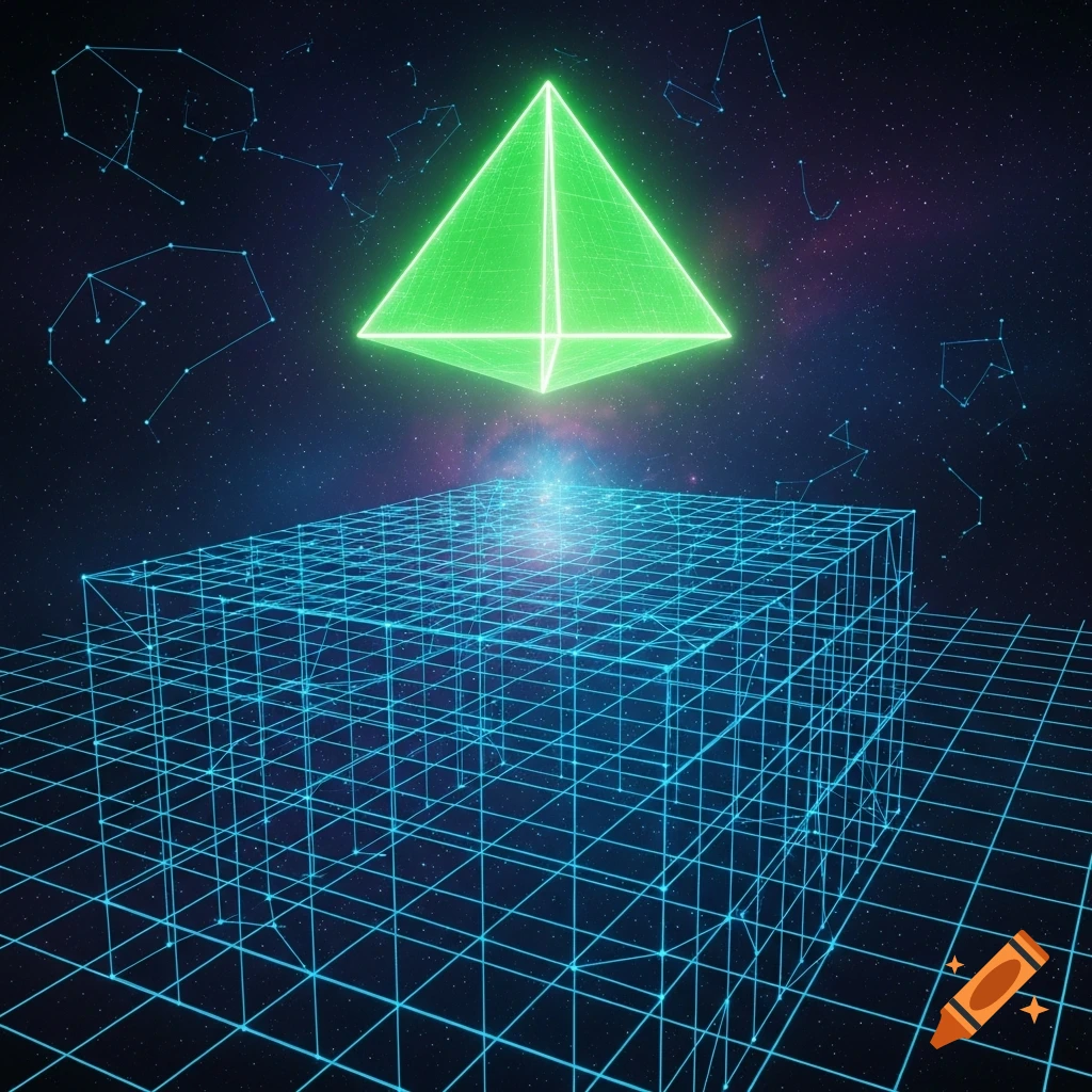 A vibrant neon green pyramid floats above a glowing blue wireframe cube, set against a dark starry sky with constellations. Digital art.