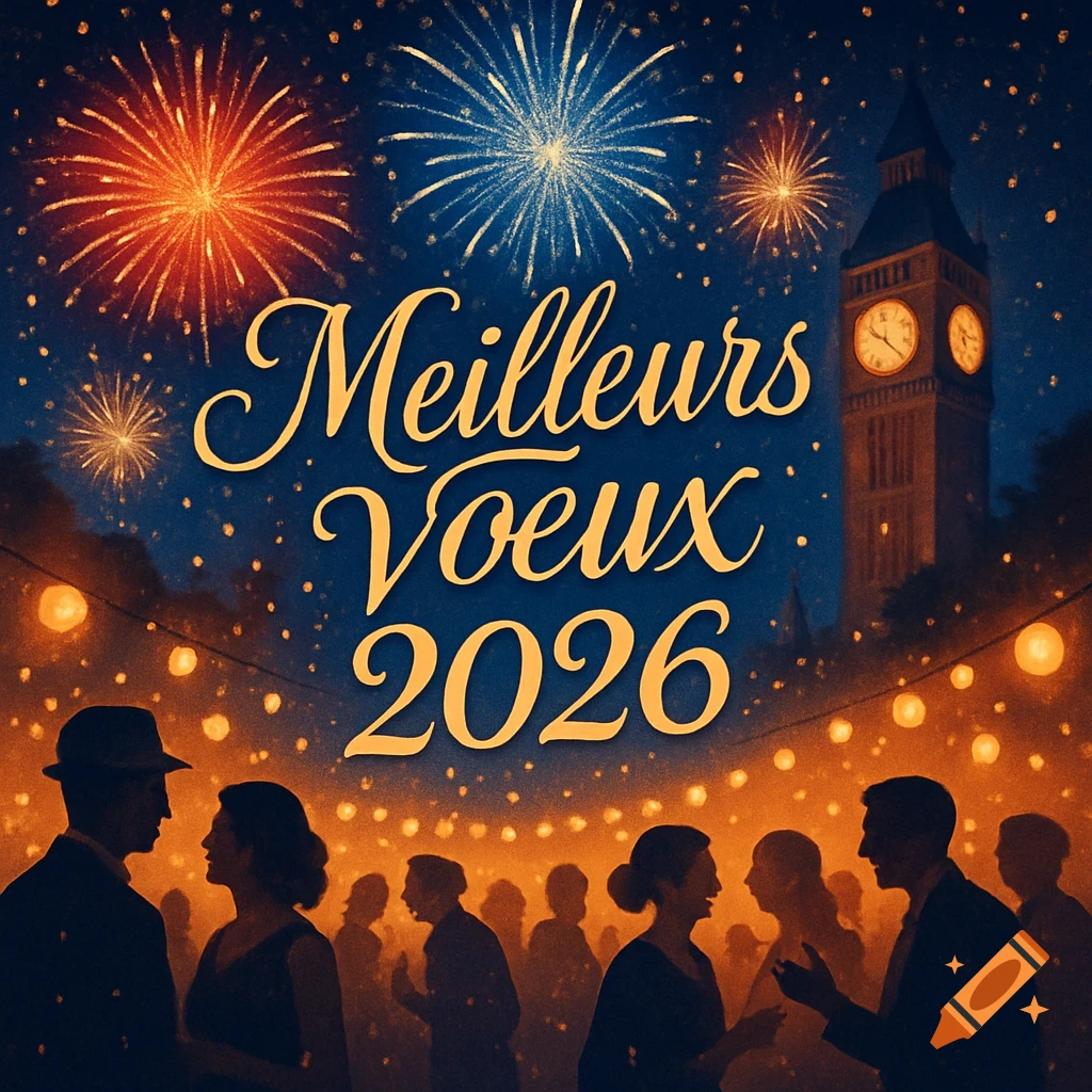 Nighttime cityscape with colorful fireworks above a Big Ben-like tower, silhouetted people celebrating, and 'Meilleurs Voeux 2026' text.
