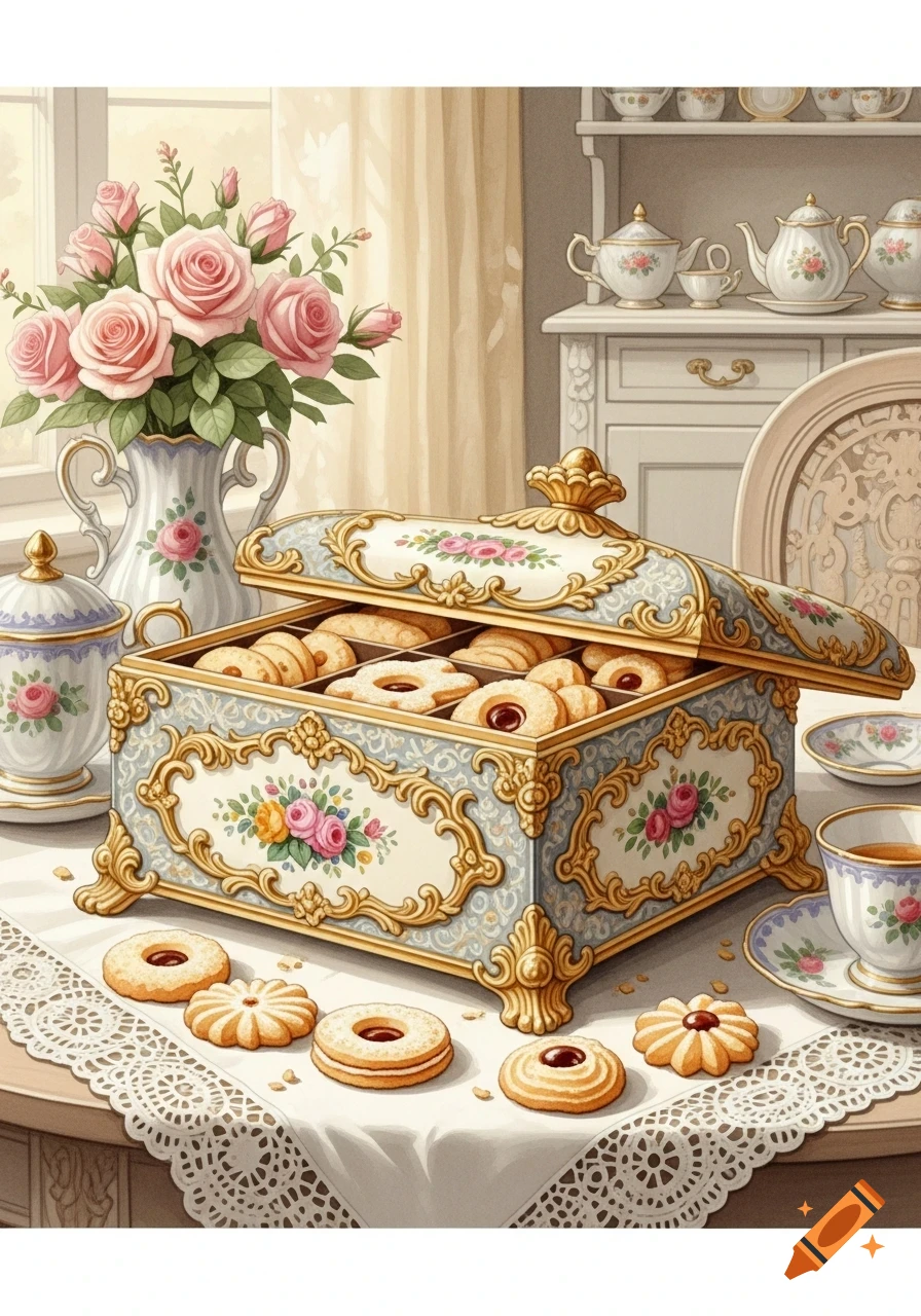 An ornate vintage box filled with biscuits sits on a lace tablecloth next to pink roses and a teacup in an elegant setting.