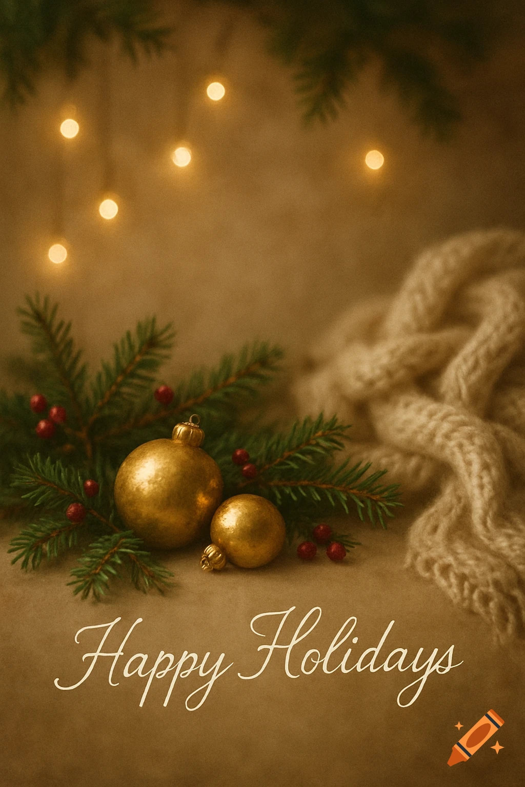 Warm holiday greeting card with golden ornaments, pine branches, red berries, and string lights, with 'Happy Holidays' text.