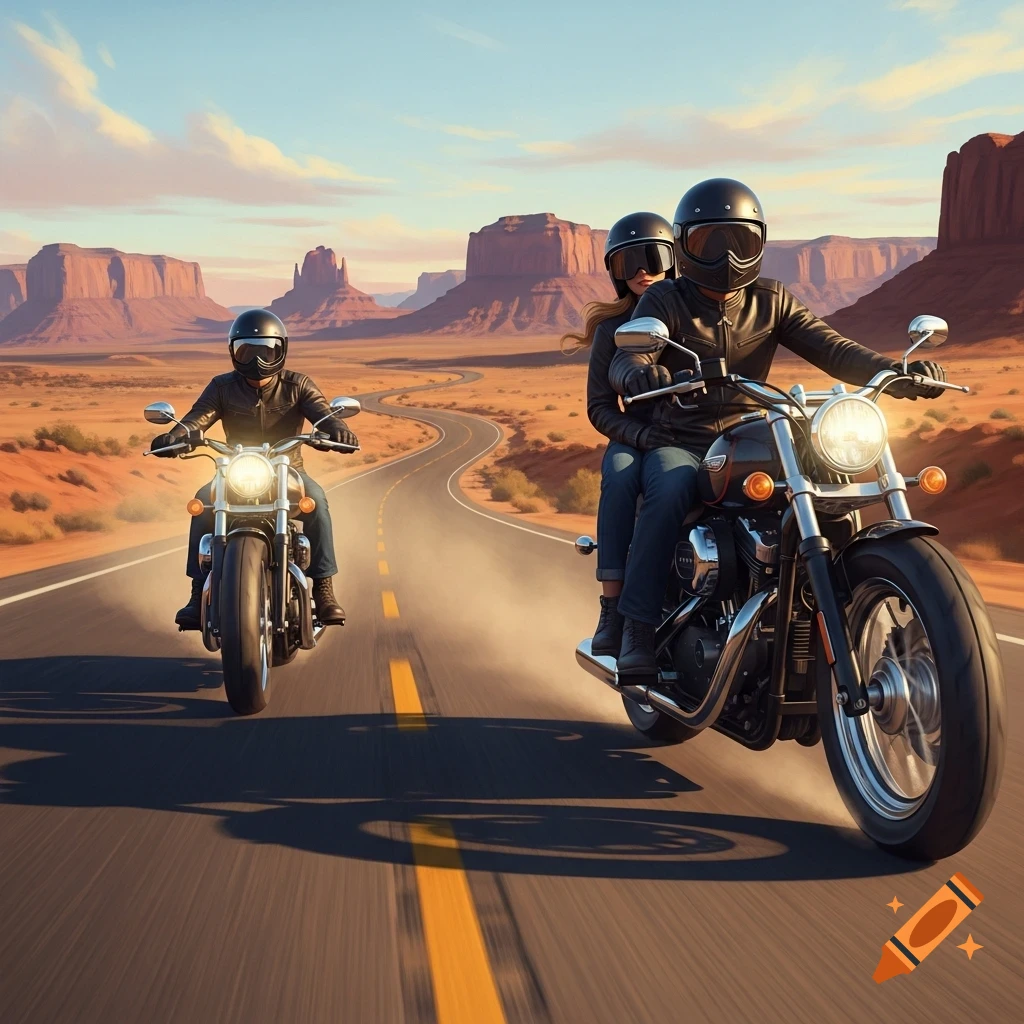 Two people on motorcycles ride on a winding desert road, with mesas and a clear sky in the background, photorealistic style.