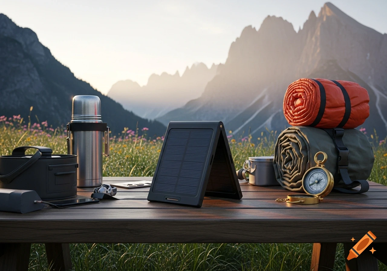 Photorealistic camping setup with a solar charger, thermos, sleeping bags, and compass on a table, backed by mountains.