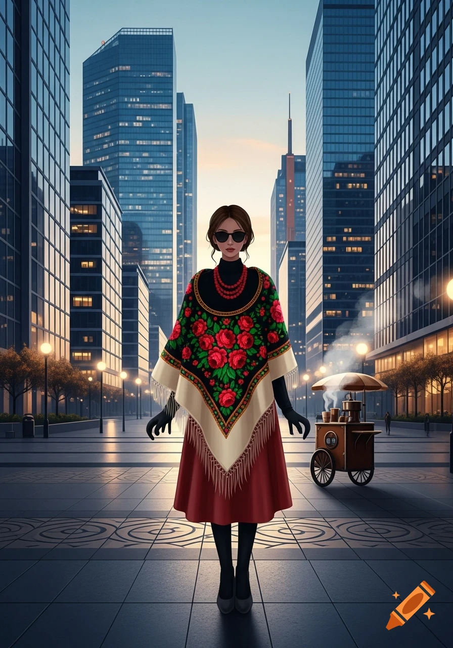 A stylized woman in a traditional Polish folk poncho and red skirt stands on a city street with tall buildings and a food cart.