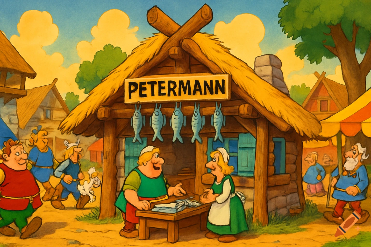 Cartoon image of a bustling village market with a fish trader's hut named 'PETERMANN', featuring various villagers.