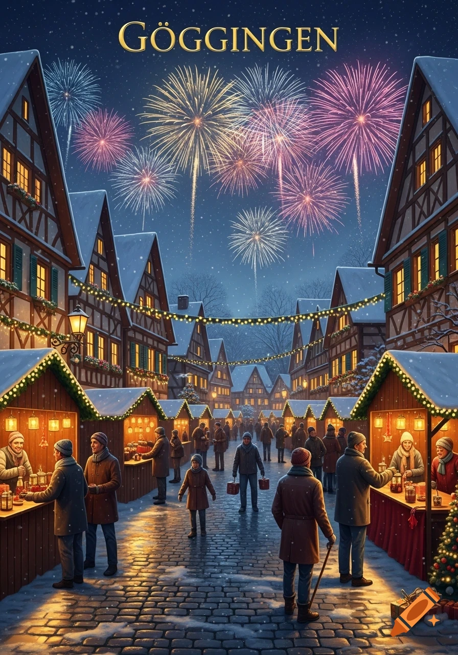 A festive winter market at night in a snowy town, with illuminated stalls, numerous people, and colorful fireworks exploding in the dark sky above half-timbered buildings.