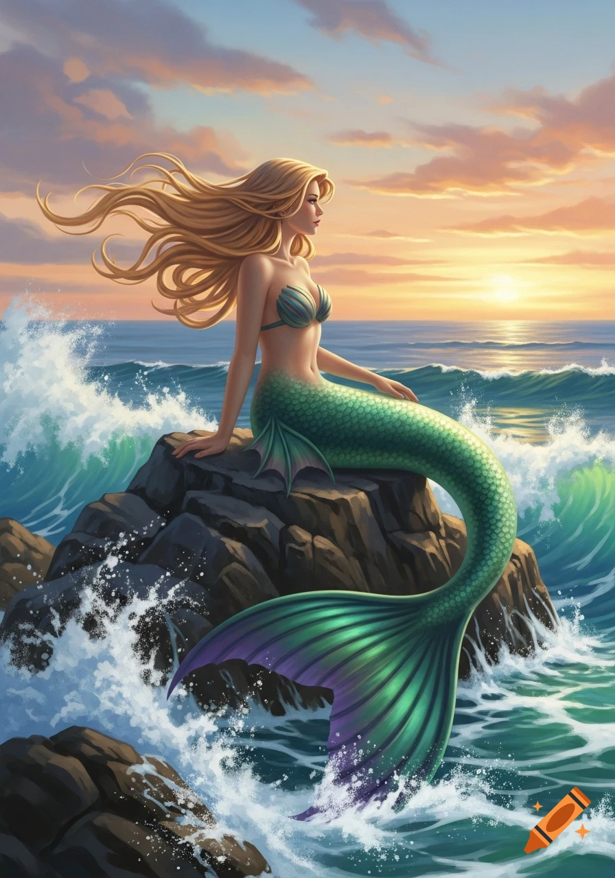 Blonde mermaid with a green tail sits on ocean rocks as waves crash, gazing at a sunset over the water in a fantasy illustration.