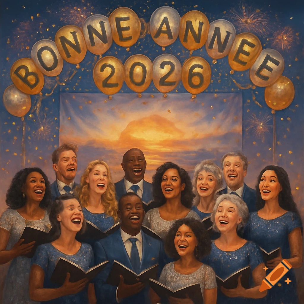 A diverse choir sings joyfully beneath golden 'BONNE ANNEE 2026' balloons and fireworks, in a painterly style celebrating New Year.
