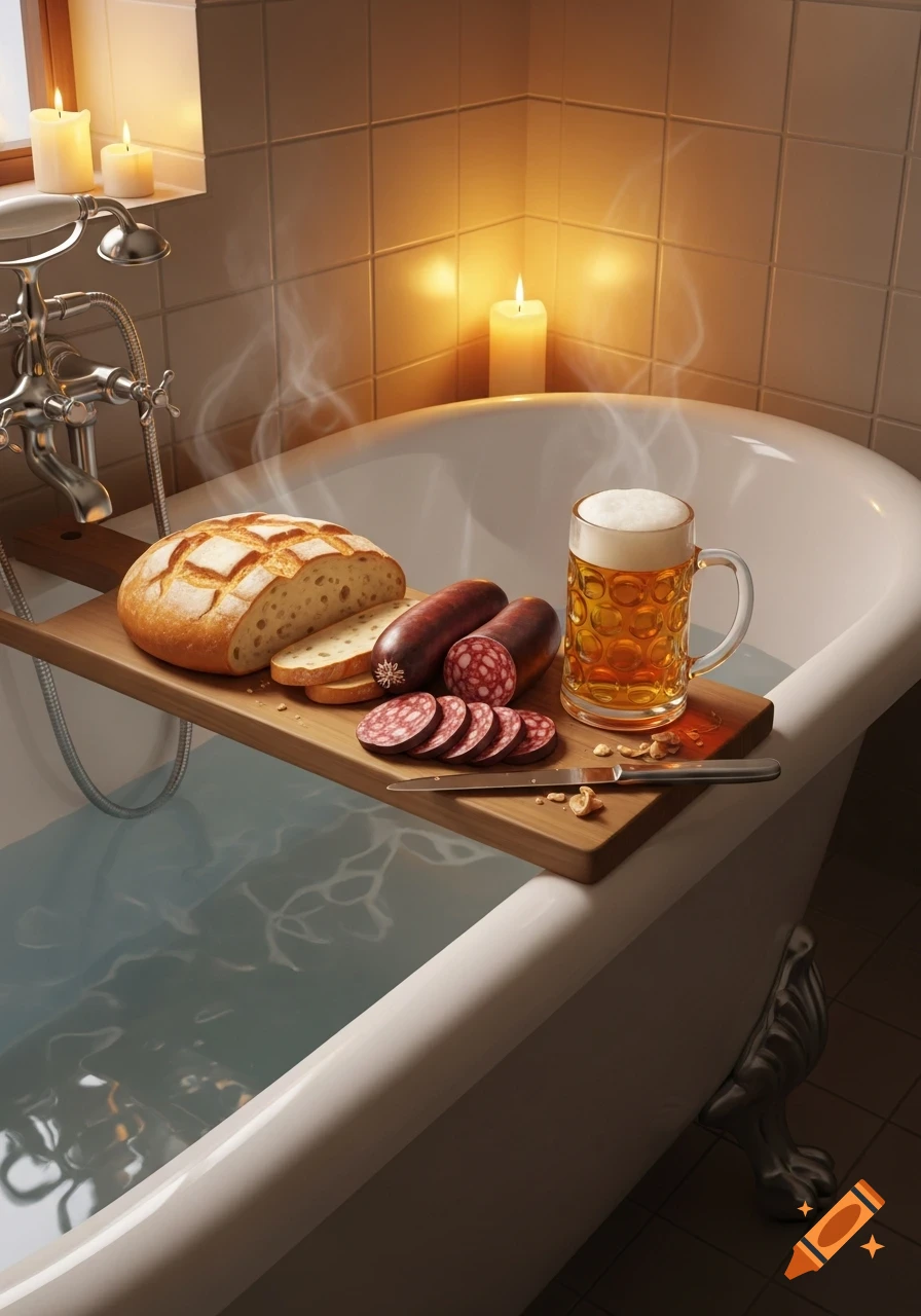 Photorealistic image of a wooden tray with bread, sliced sausage, and a beer mug over a steaming bathtub, lit by candles.