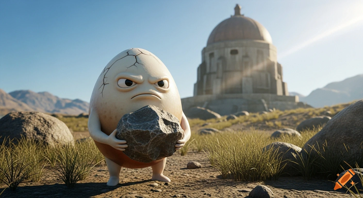 Angry egg character holding a rock in a game-like desert landscape with a dome monument under a bright sky.