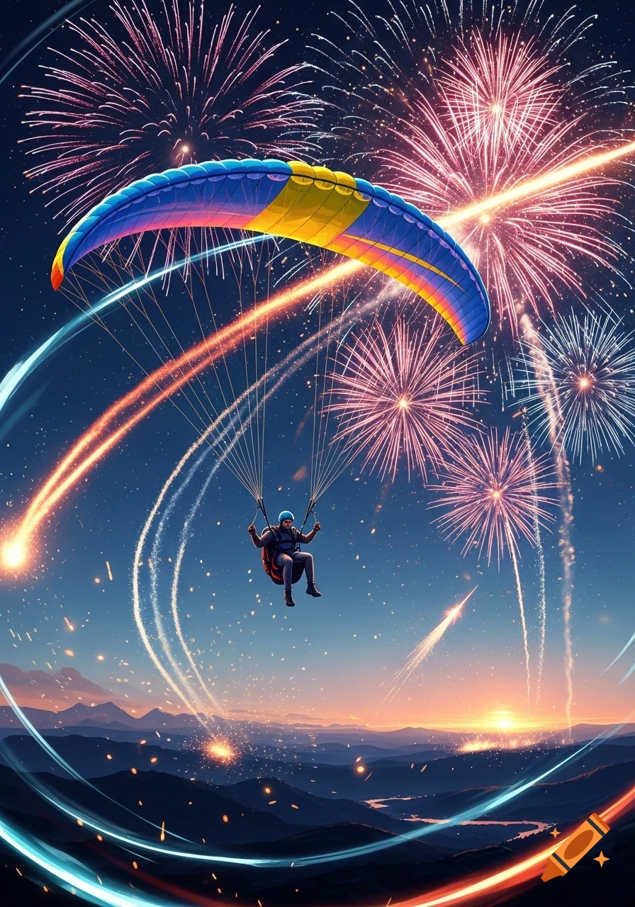 A paraglider flies through a night sky filled with colorful fireworks and streaking meteors above a mountain range, in digital art style.