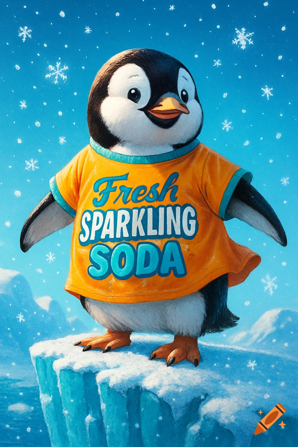 A cute cartoon penguin in an orange 'Fresh Sparkling Soda' t-shirt stands on a snowy ice floe, with snowflakes falling.