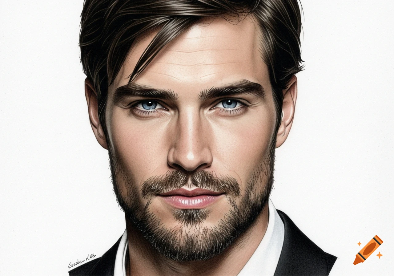 A detailed pencil drawing portrait of a handsome man with dark brown hair, blue eyes, and a goatee.