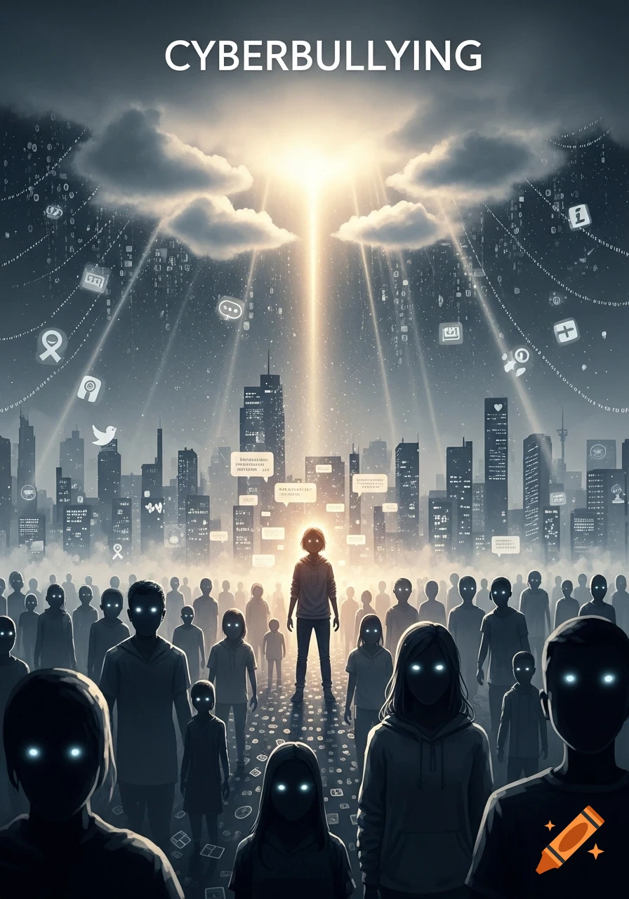 An illustration showing a crowd of people with glowing eyes, looking at a central figure in a city skyline. Social media icons and text streams descend from the sky, with the word "CYBERBULLYING" at the top.