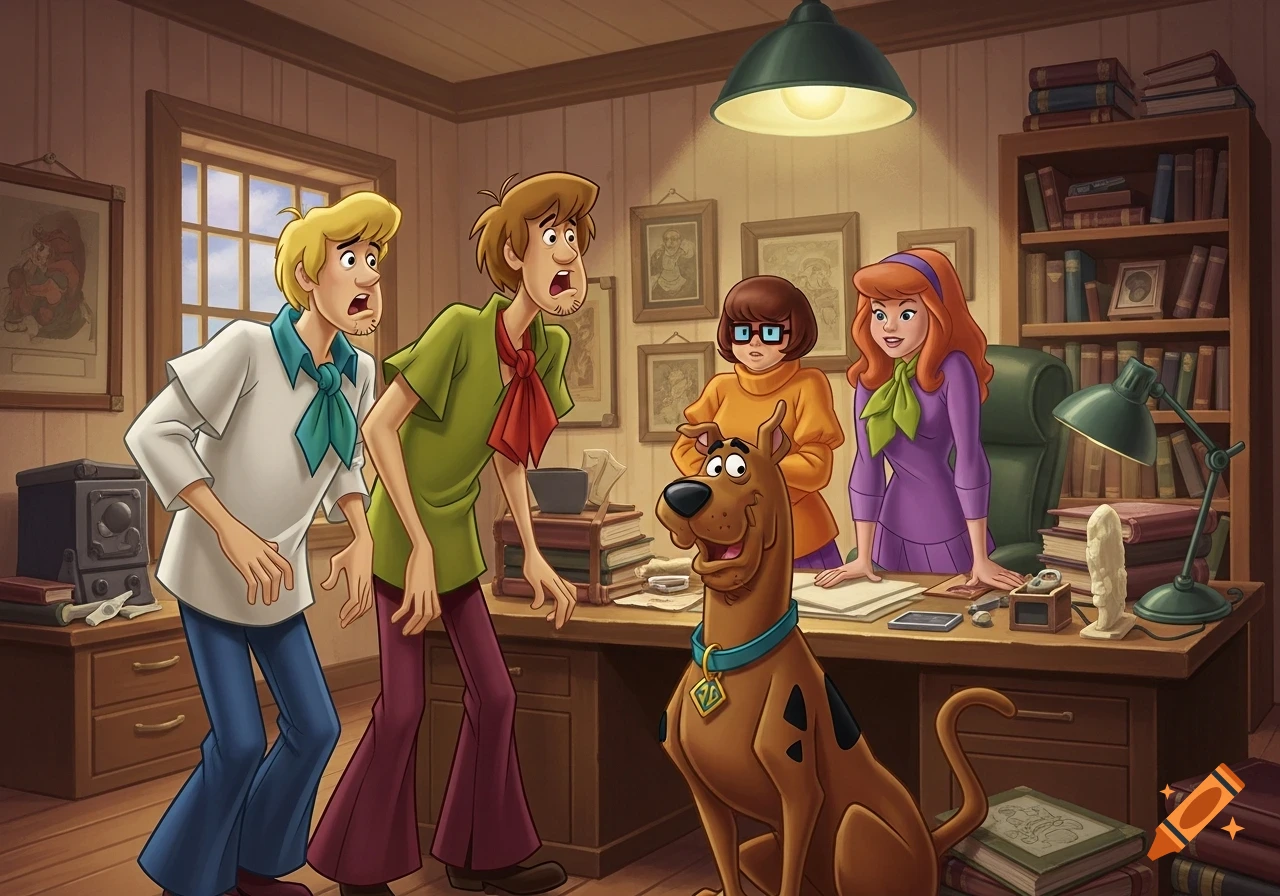 Scooby-Doo and the Mystery Gang are gathered in a detective's office, with Fred and Shaggy looking surprised, Velma and Daphne observing, and Scooby sitting on the floor.