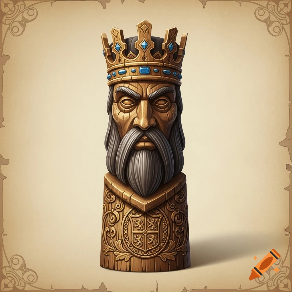 Wooden king totem board game piece with a gold crown, blue gems, and intricate carvings.