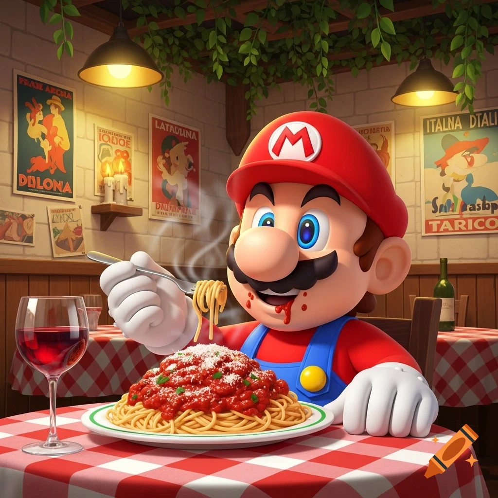 Mario sits at a red and white checkered table in an Italian restaurant, happily eating a large plate of spaghetti with red sauce, holding a forkful of pasta. A glass of red wine is nearby.