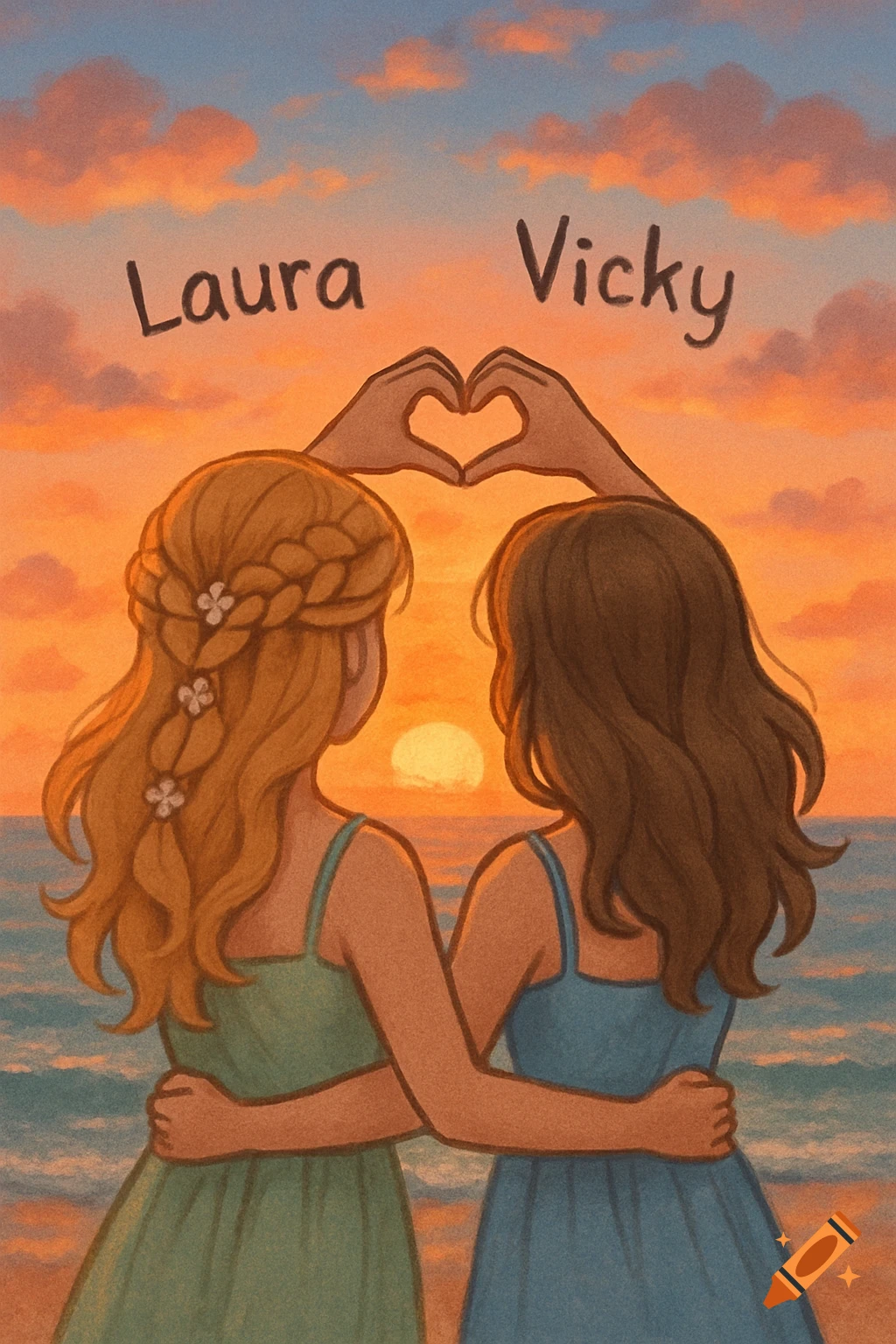 Illustration of two friends on a beach at sunset, seen from behind, hugging and forming a heart with their hands; 'Laura' and 'Vicky' appear above them.