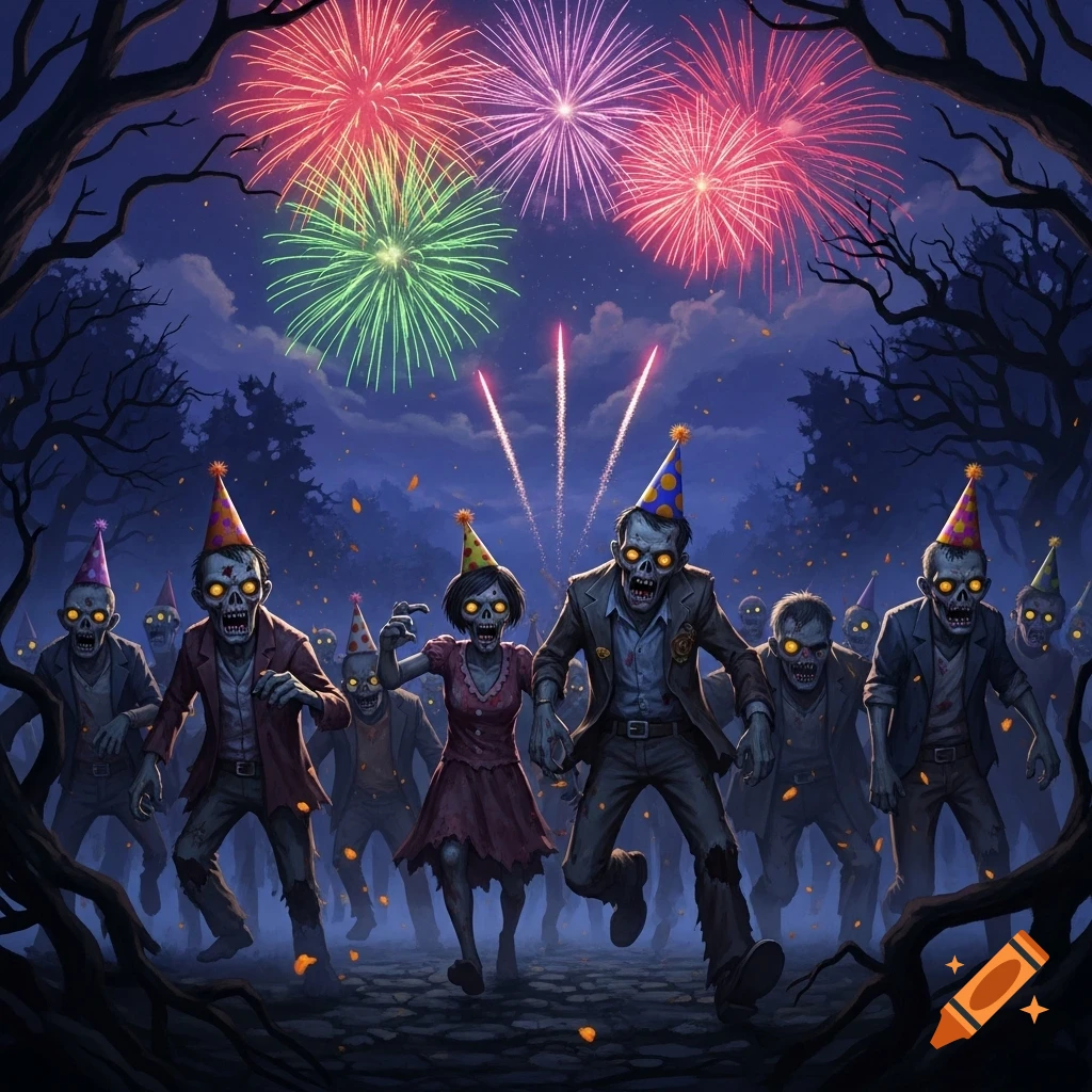 A stylized illustration shows a mob of grotesque zombies in party hats running under a night sky bursting with colorful fireworks.