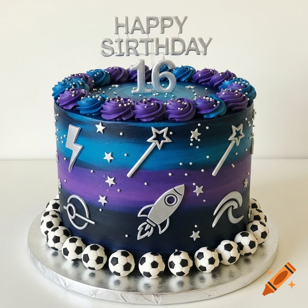 A galaxy-themed Sweet 16 birthday cake with blue and purple frosting, silver stars, space icons, and mini soccer balls around the base.