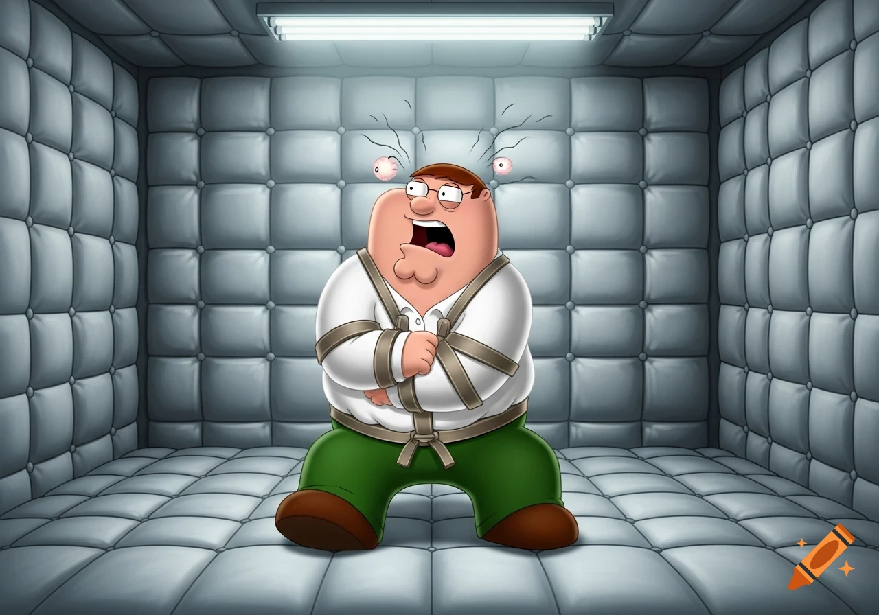 Cartoon Peter Griffin in a straight jacket, screaming with eyes popping out, in a padded room.