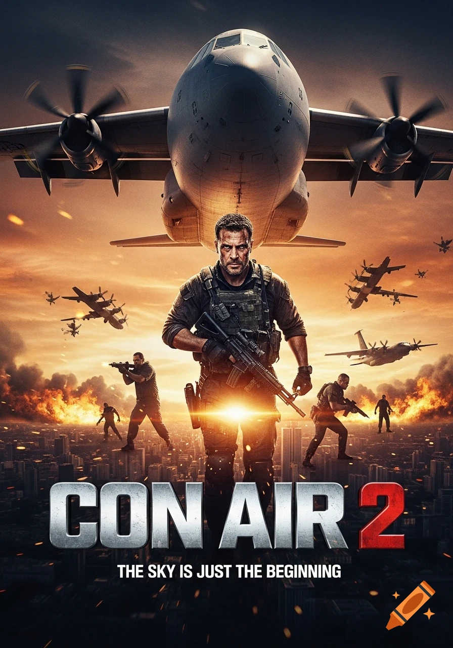 A dramatic movie poster for 'CON AIR 2' showing a soldier with a rifle, military aircraft, and an explosive cityscape.