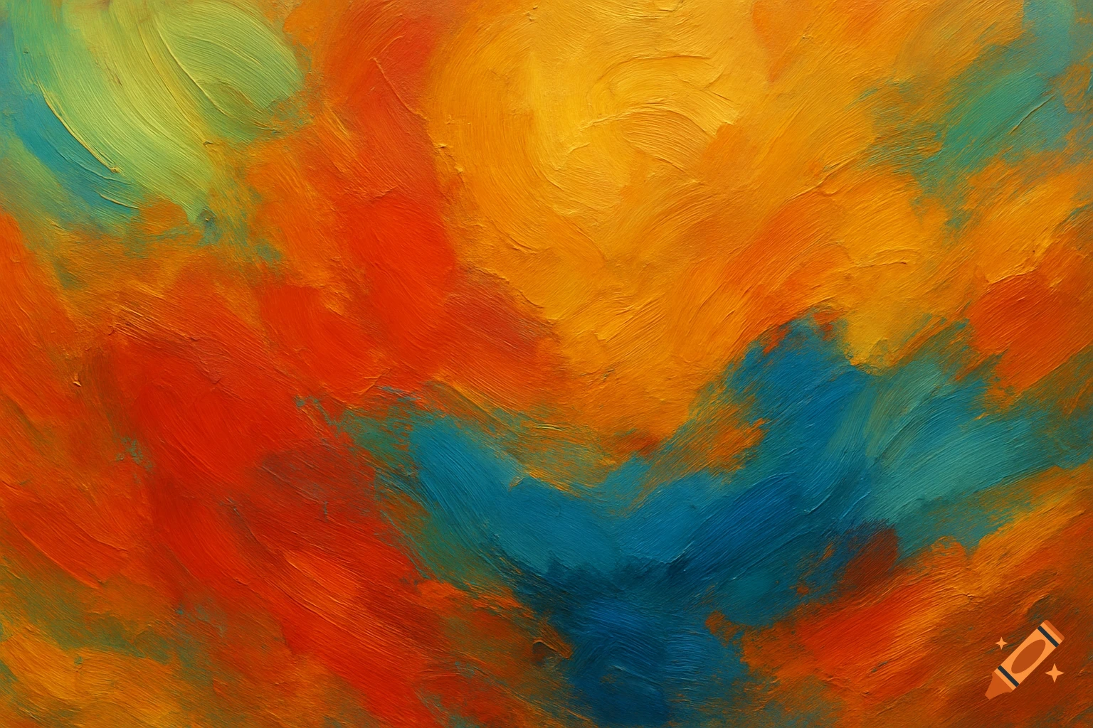 Vibrant abstract oil painting with bold brushstrokes in shades of orange, red, yellow, and blue.