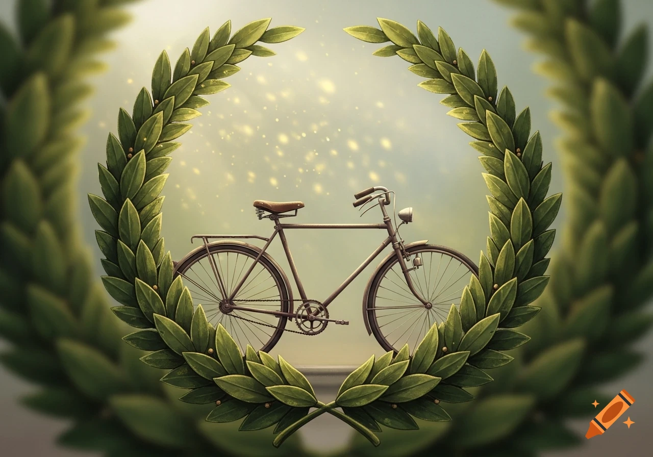 A vintage brown bicycle stands centered within a vibrant green laurel wreath, against a soft, sunlit, bokeh background.