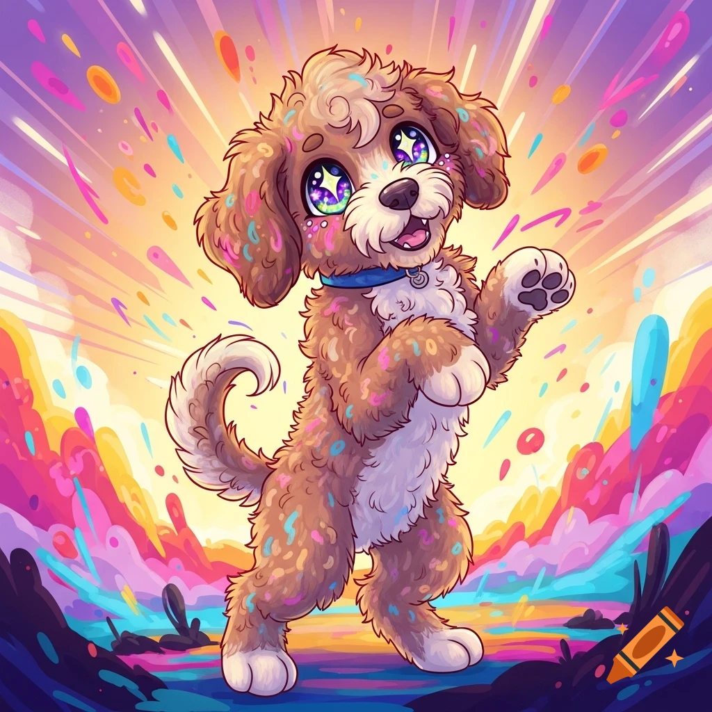 A cute, colorful cartoon labradoodle puppy stands with sparkling eyes amidst a vibrant, radiant background.