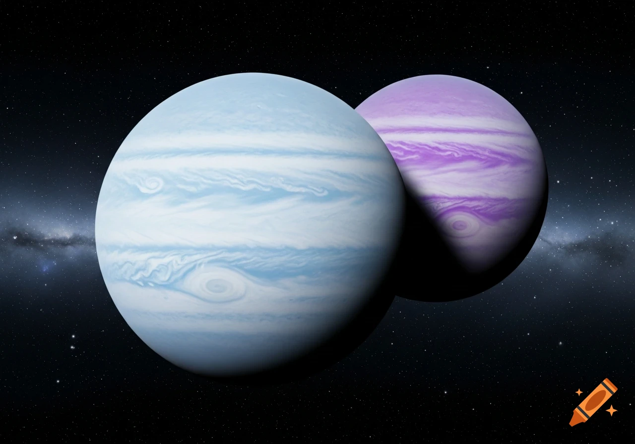 A realistic depiction of a binary planet system featuring a light blue and a purple ice giant with white bands against a starry background.