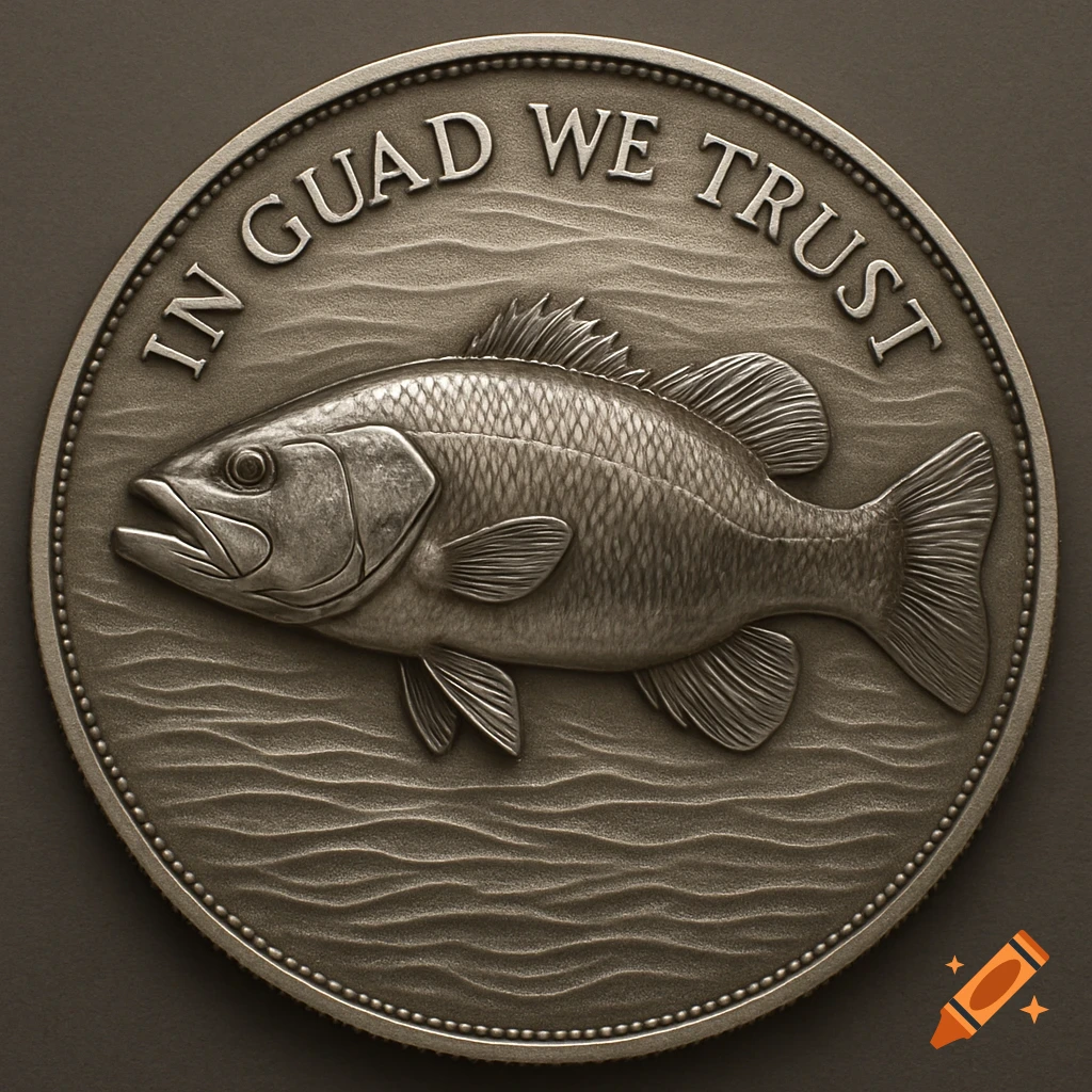 A detailed metallic coin featuring an embossed Guadalupe bass over wavy lines, with the text 'IN GUAD WE TRUST' above.