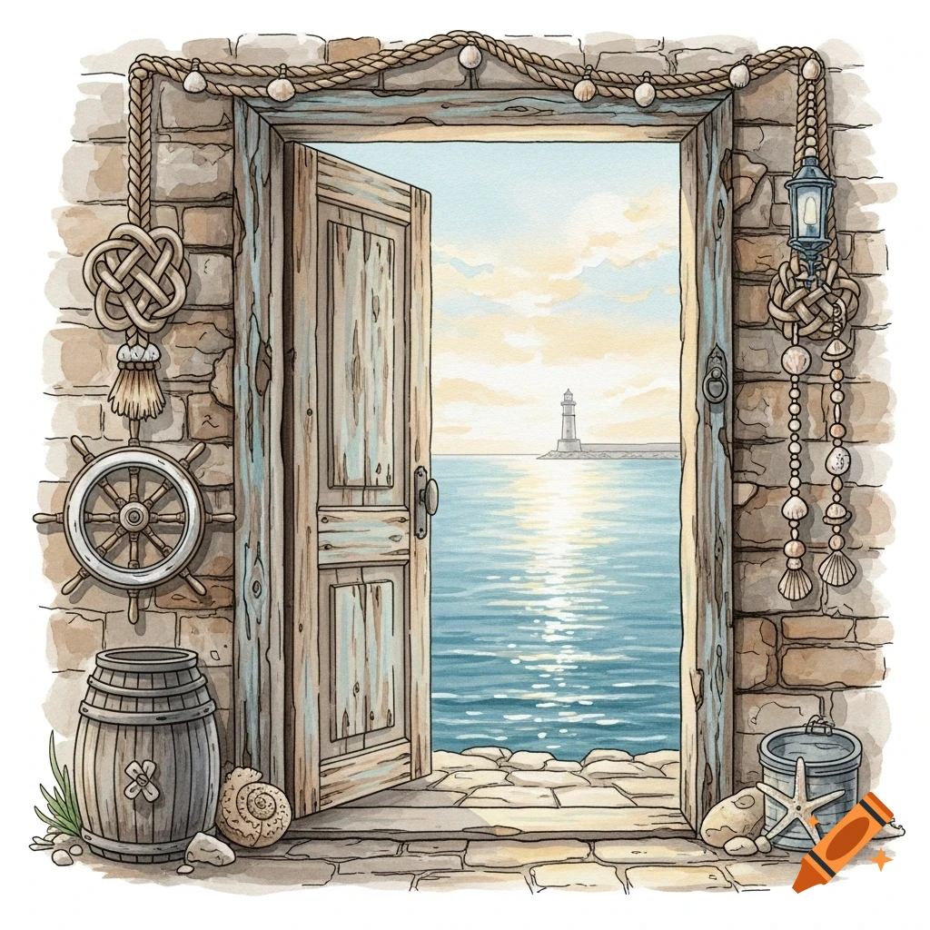 Watercolor illustration of an old open door in a stone wall with nautical decorations, revealing a sea with a lighthouse at sunset.