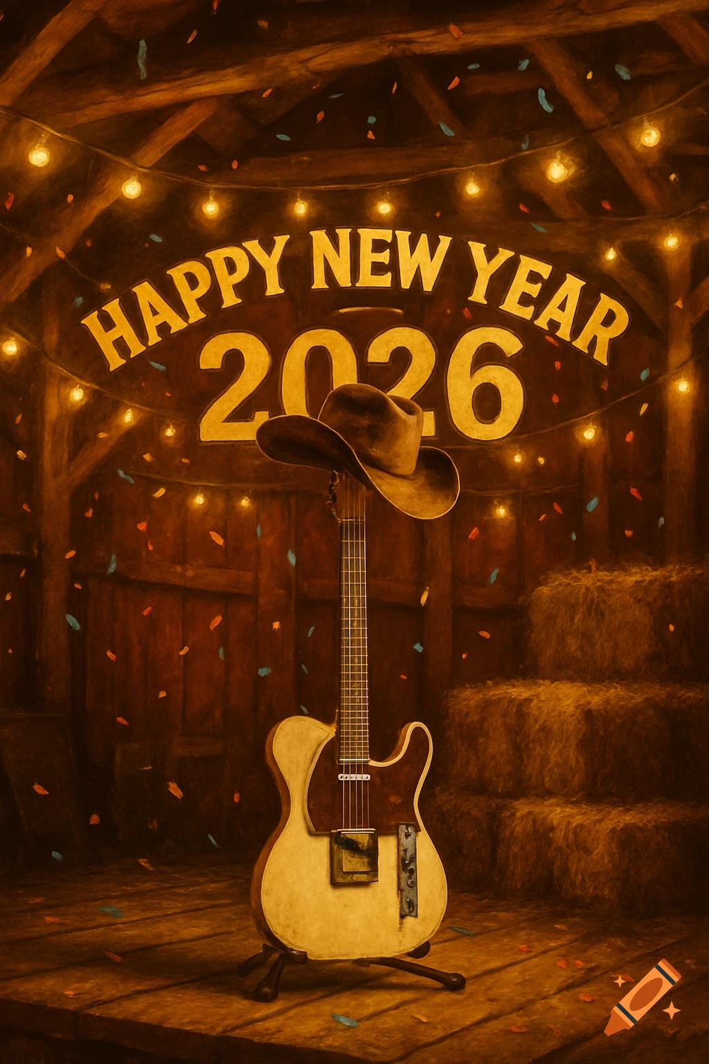 A rustic barn scene with 'HAPPY NEW YEAR 2026' text, featuring a cowboy hat on a cream Telecaster guitar, hay bales, and string lights. Painterly style.