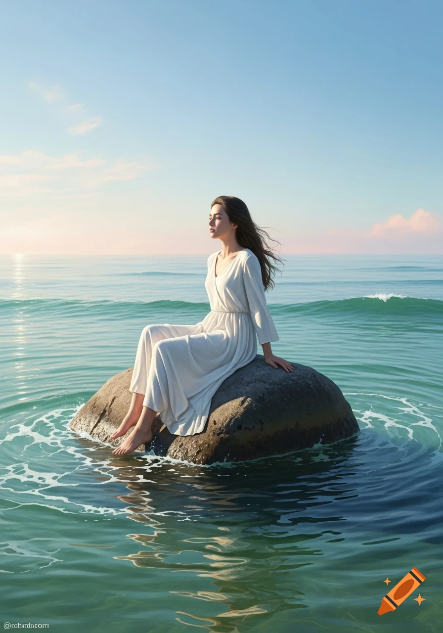 A young woman in a white dress sits on a rock in the tranquil ocean ...