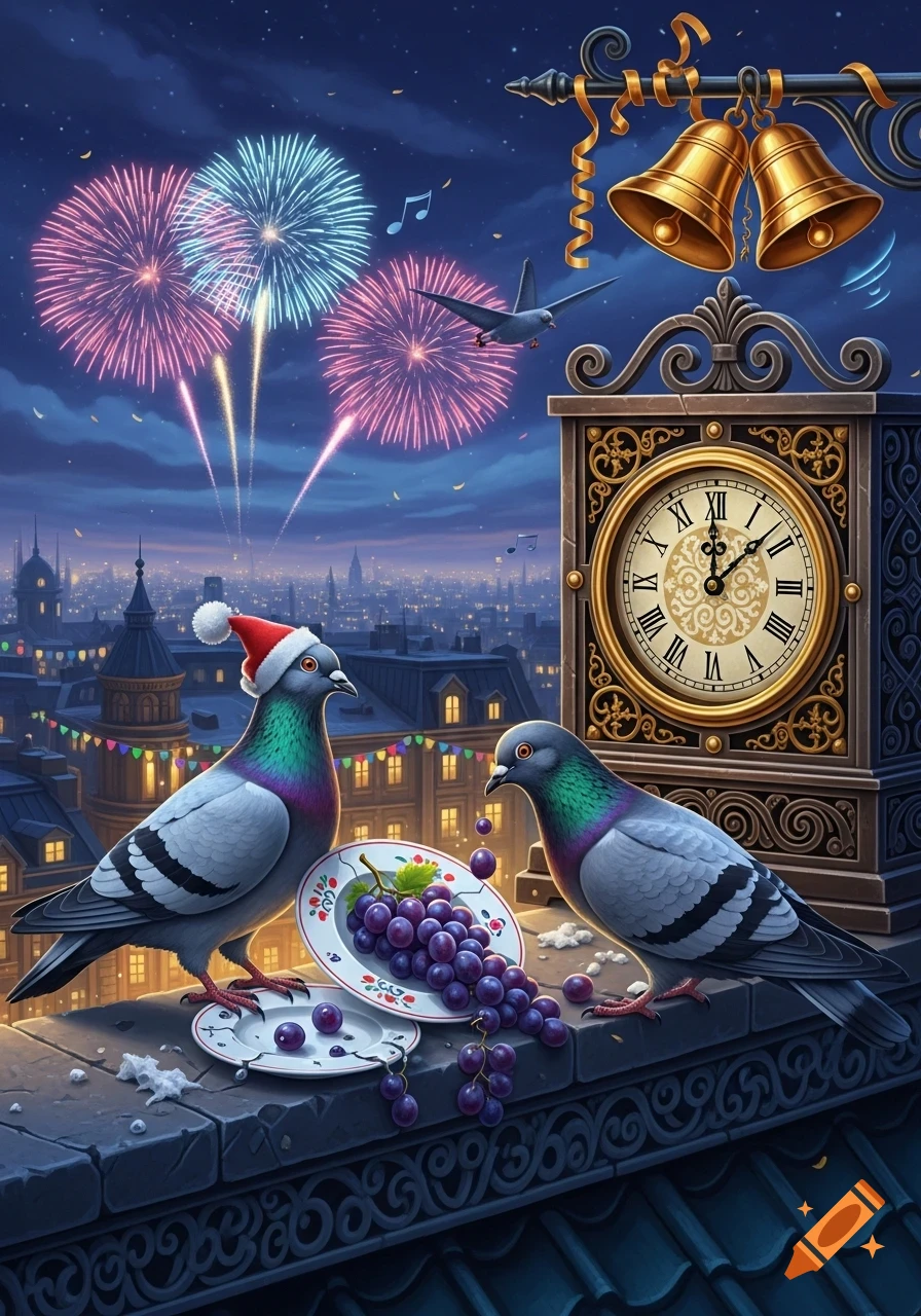 Two pigeons, one in a Santa hat, on a city rooftop at night with fireworks and a clock tower, next to spilled grapes.