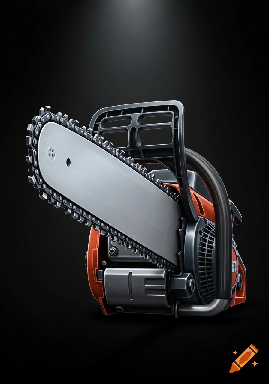 A detailed, stylized illustration of an orange and gray chainsaw on a dark black background.