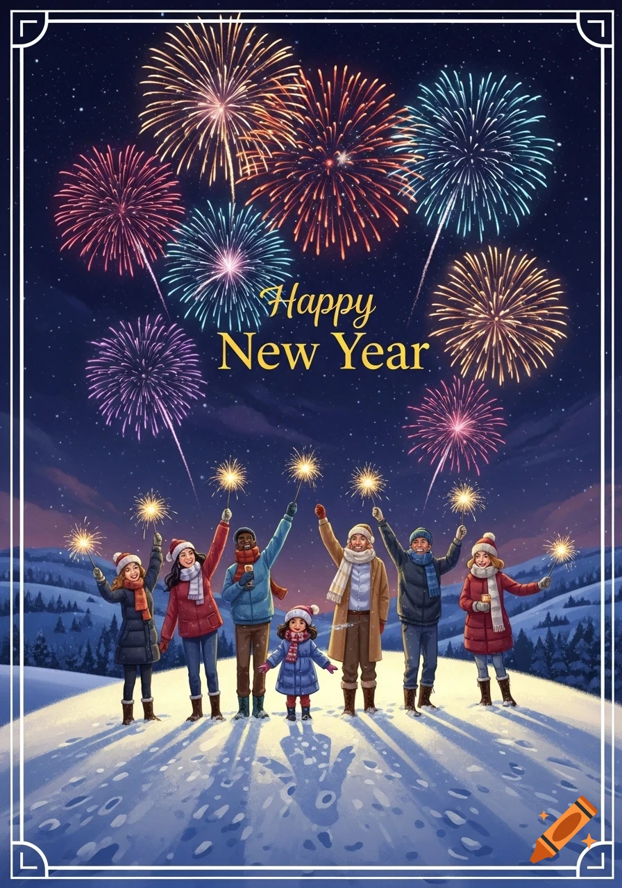 Diverse group celebrating New Year in snow with sparklers under colorful fireworks and "Happy New Year" text.