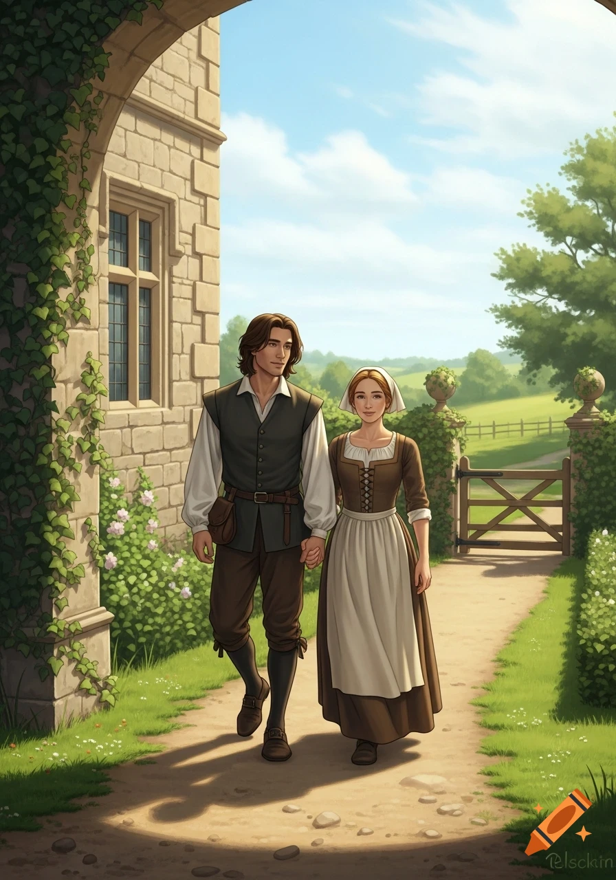 A man and woman in 16th-century servant attire walk hand-in-hand on a garden path next to a stone building.