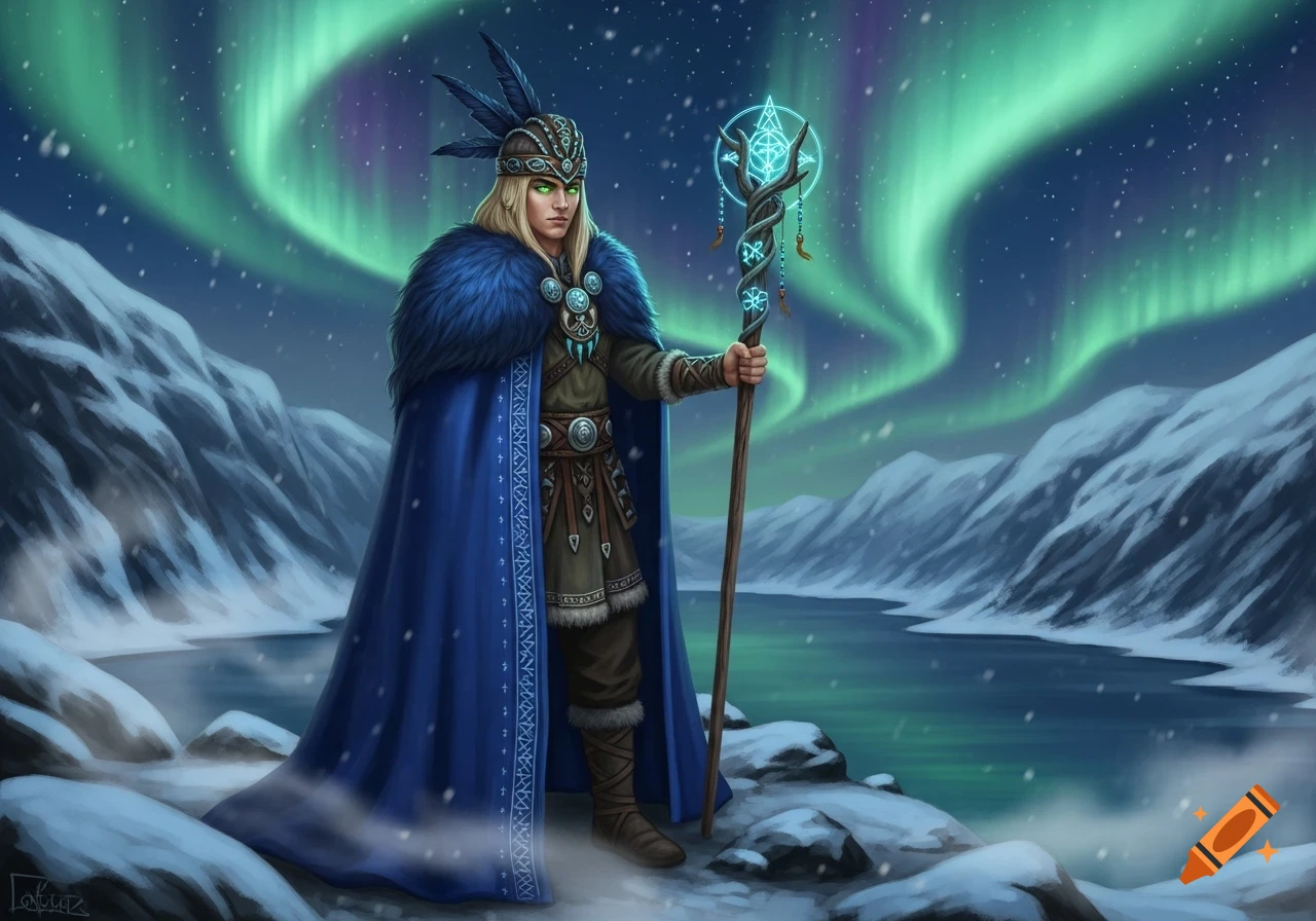 A viking shaman in a blue fur cape holds a glowing staff on a snowy mountain lake under the northern lights.