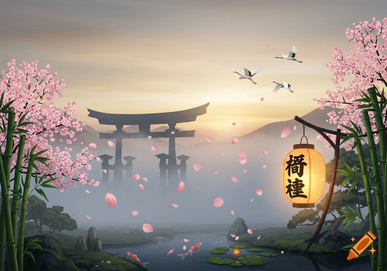Digital painting of a Japanese landscape with a torii gate, cherry blossoms, bamboo, cranes, koi fish, and a glowing lantern at sunset.