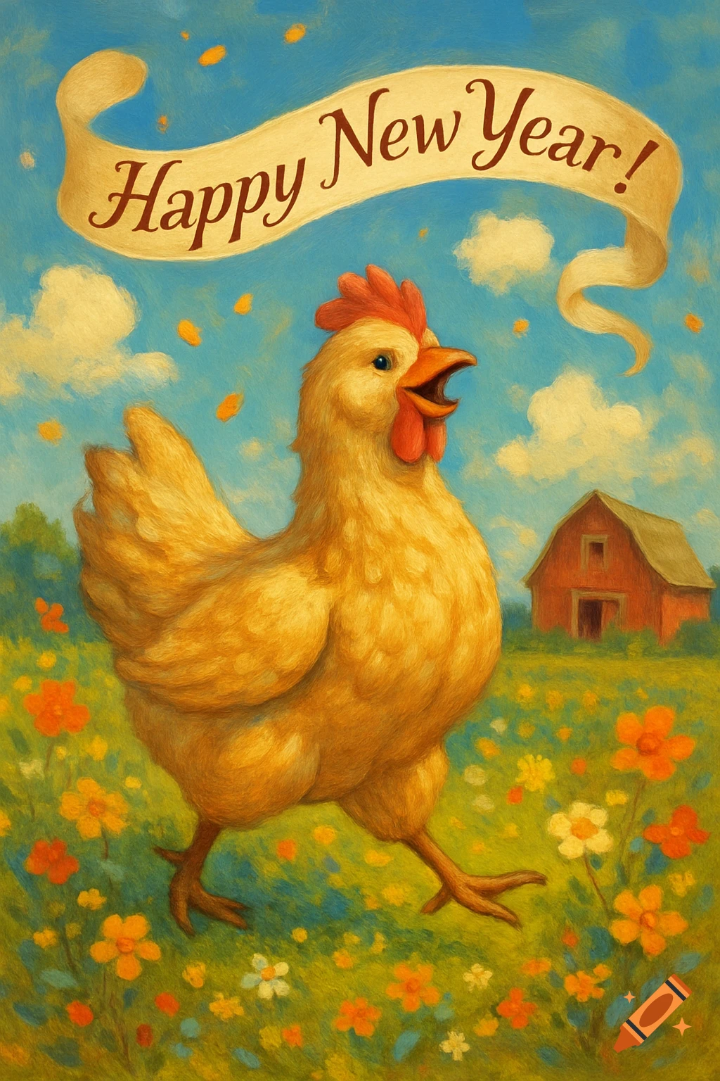 A happy, golden chicken walks through a flowery field under a blue sky, with a red barn in the background. A banner reads 'Happy New Year!' above it in a painterly style.
