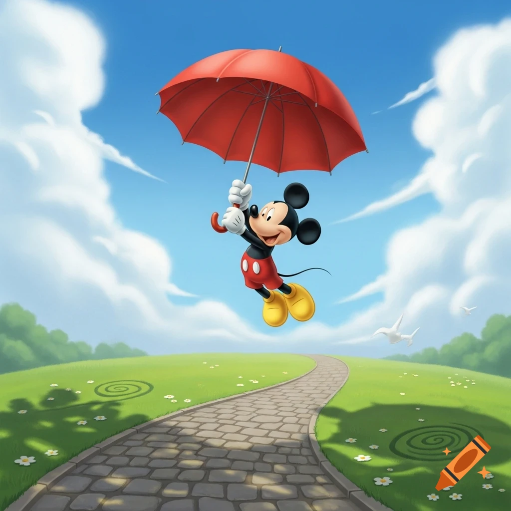 Mickey Mouse flies happily above a winding path and green field, holding a red umbrella under a blue, cloudy sky. Cartoon style.