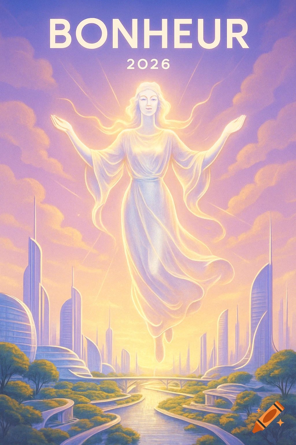 A glowing ethereal figure hovers over a futuristic city with green parks and rivers, with 'BONHEUR 2026' at the top.