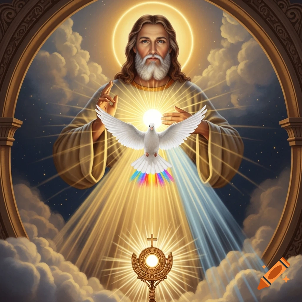 Digital painting of Jesus Christ emanating golden light, with a white dove with rainbow tail feathers hovering above a glowing eucharist, framed by an arch and clouds.