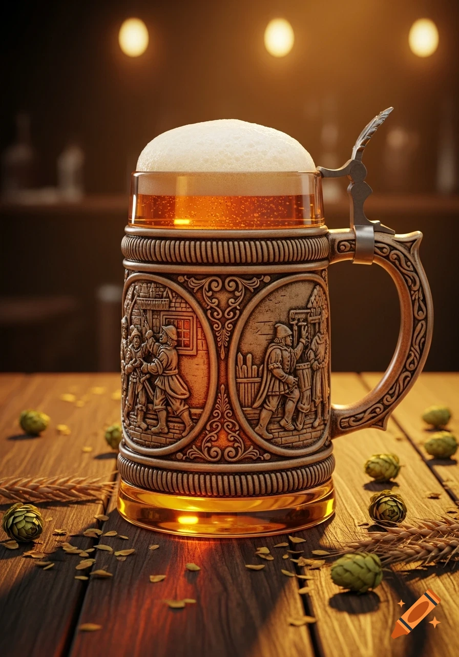 A photorealistic detailed beer stein overflowing with frothy beer, on a wooden table with scattered hops, in warm tavern light.