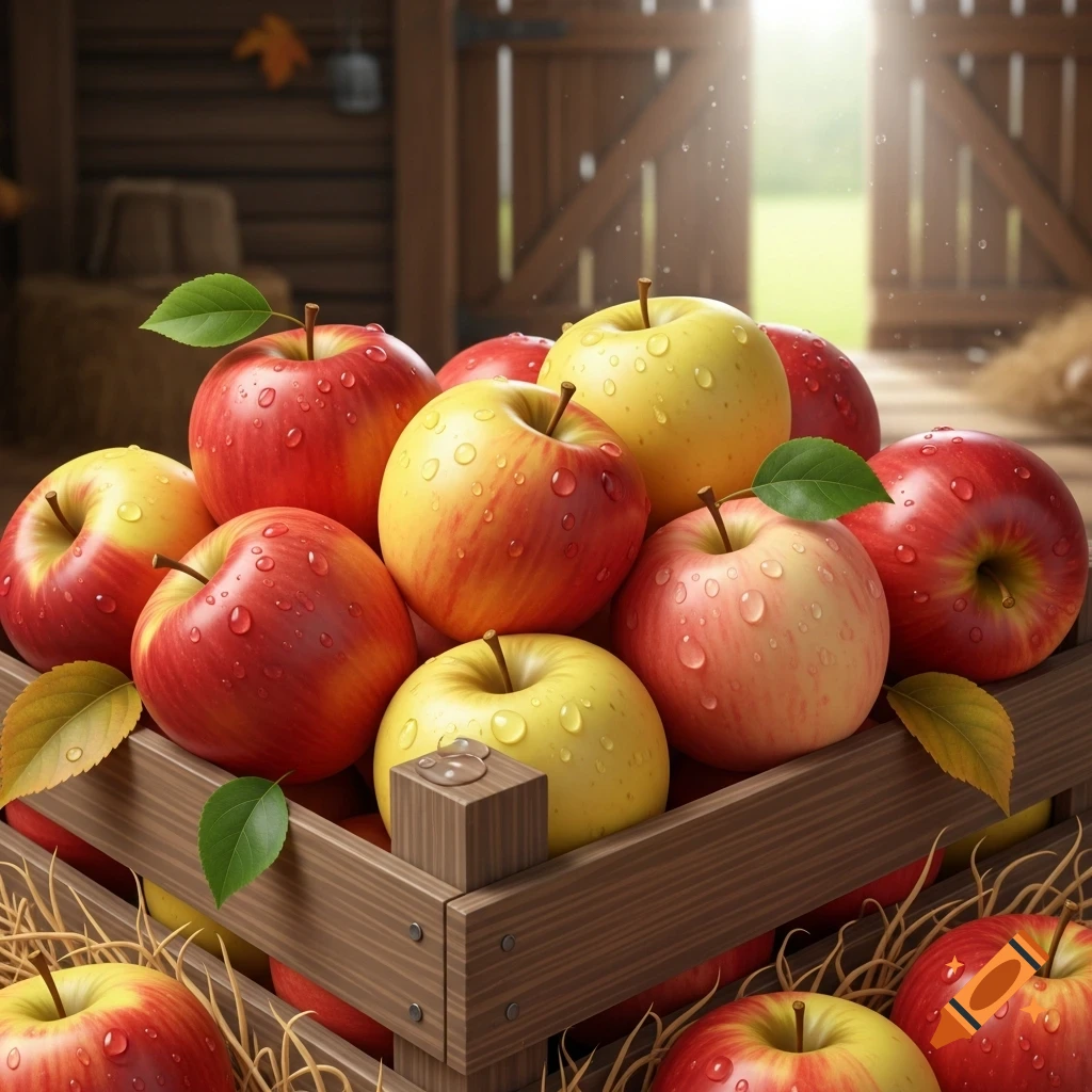 Photorealistic image of a wooden crate overflowing with wet red and yellow apples inside a rustic barn.
